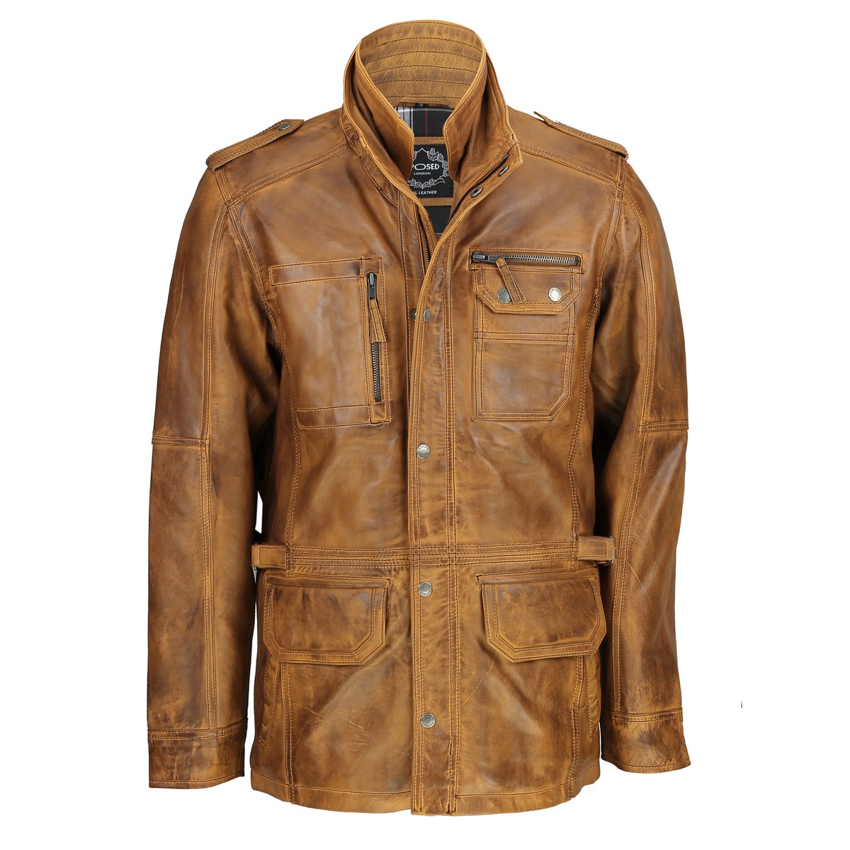 Mens Tan Brown Soft Real Leather Vintage Military Coat Smart