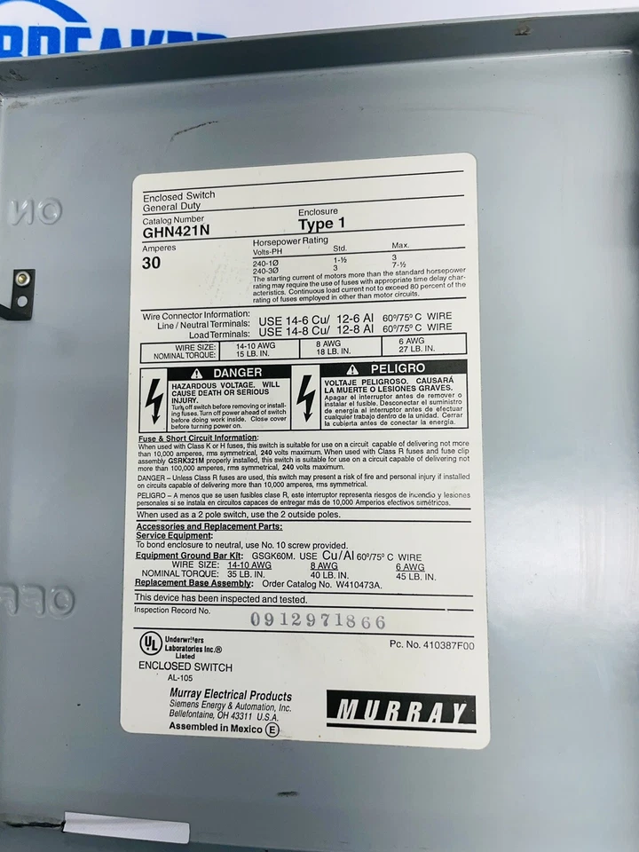 Interruptor de seguridad fusible interior Murray 30A 240V GHN421N tipo 1 Foto 3 de 4