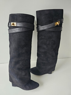 Givenchy Shark Lock Knee High Black Suede Boots 38
