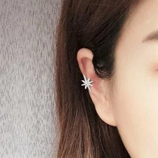 Shiny Silver Sparkling CZ Pave Starburst Earrings Ear Cuff Non Piercing Pair