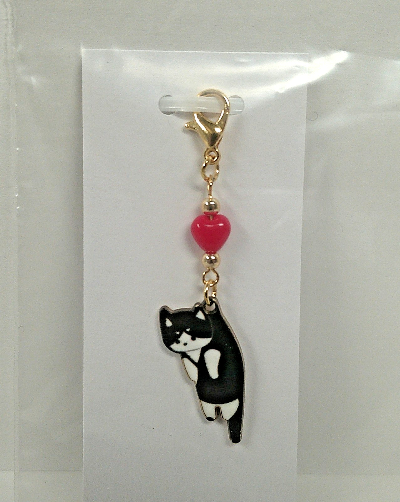 Tuxedo Cat Heart Beaded Charm Clip Zipper Pull NEW Handmade