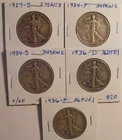 5 Walking Liberty Half Dollars, Various dates