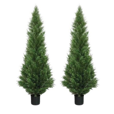 Two 4 Foot Artificial Topiary Cedar Trees Potted Indoor Outdoor Plants