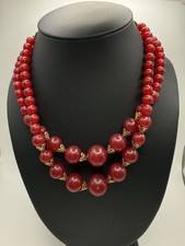 Vintage Translucent Cherry Red Lucite Bead Necklace Double Strand Adjustable