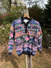 Vintage 90s Euro Joy Floral Bright Colorful Quarter Button Pullover Sweatshirt S