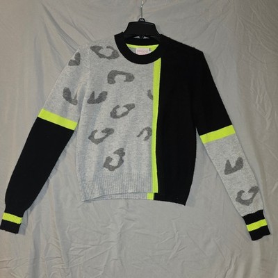 Brodie Cashmere Sweater Small Womens Grey Black Neon Leopard Colorblock Crewneck