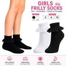 Girls Frilly Lace Socks Trim Top Kids School Uniform Ankle Socks - 3,6,12 Pairs