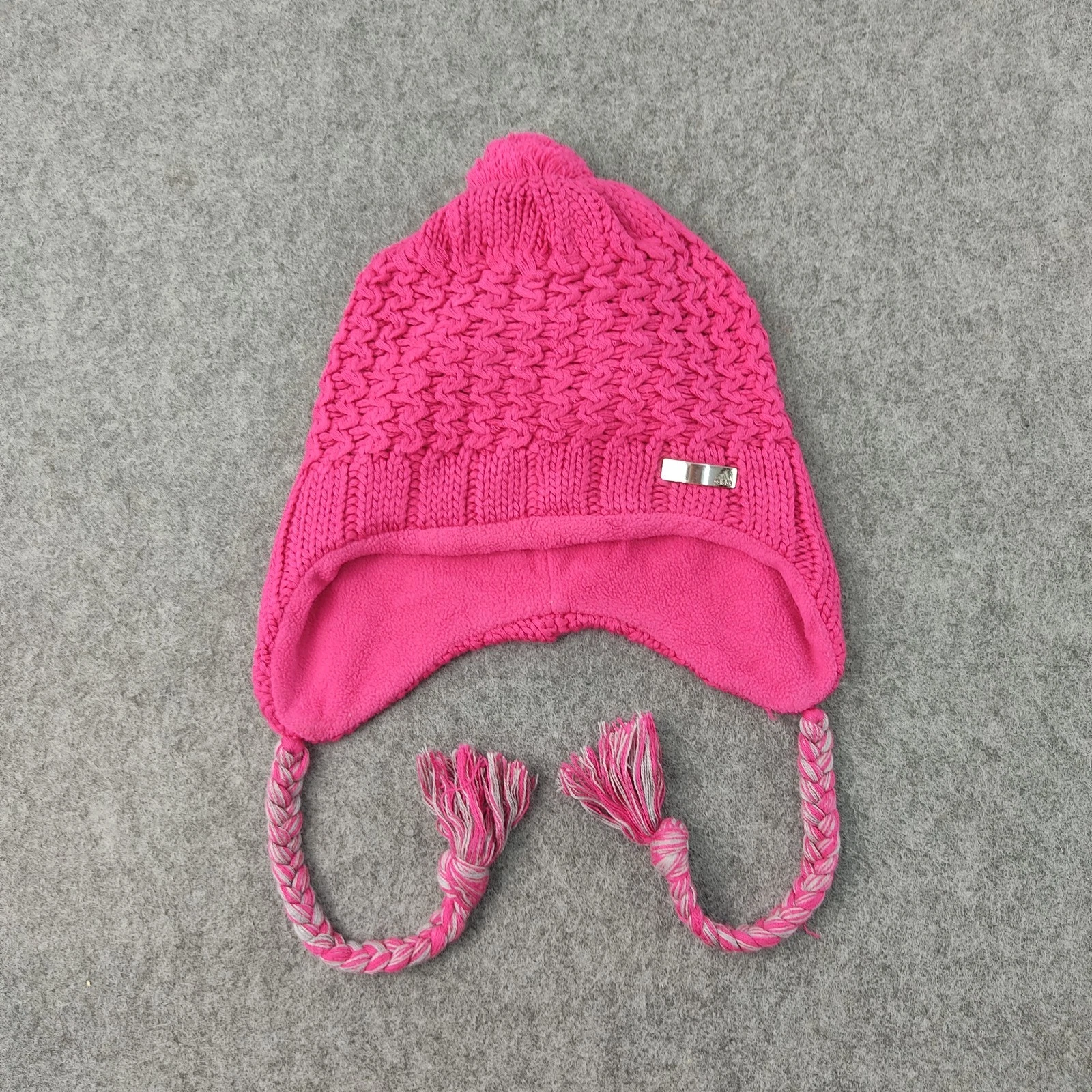 Vintage Adidas Earflap Beanie Hat Pink Knit Fleece Lined Pom Pom Trapper Japan