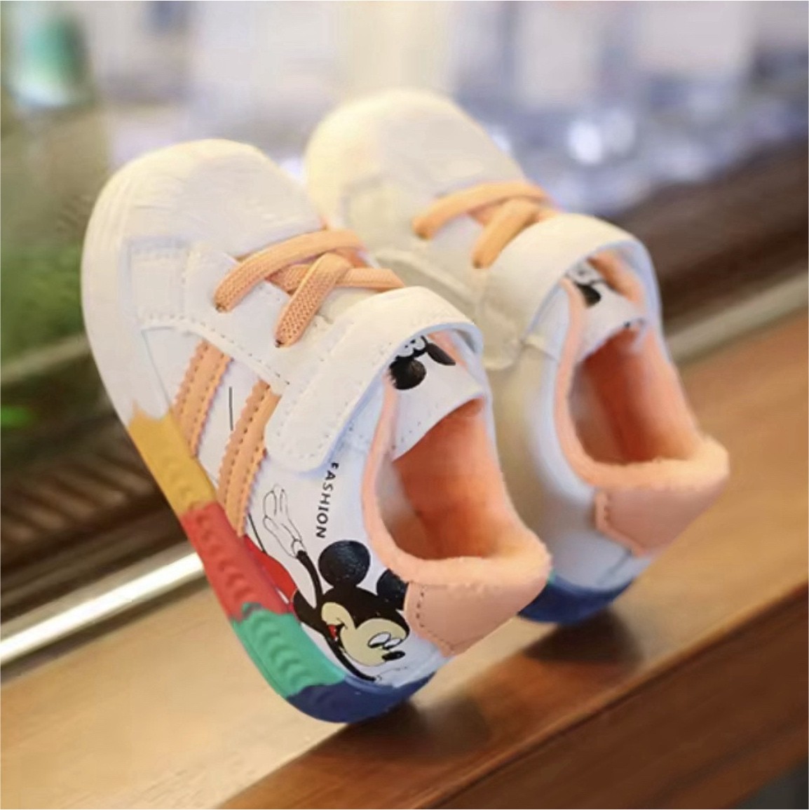 Mickey Mouse Cartoon Baby Sneakers White Colorful Sole Hook & Loop Lightweight