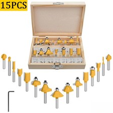 15+1Pc 1/4" Tungsten Carbide Tipped TCT Router Bit Shank Wood Sealed Bearing Set