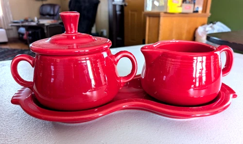 Fiestaware Scarlet Red Covered Sugar Bowl with Lid & Creamer Tray 4 Piece Set