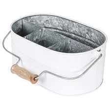 Galvanized Utensil Caddy with Wooden Handle for Kitchen Counter, Silverware O...