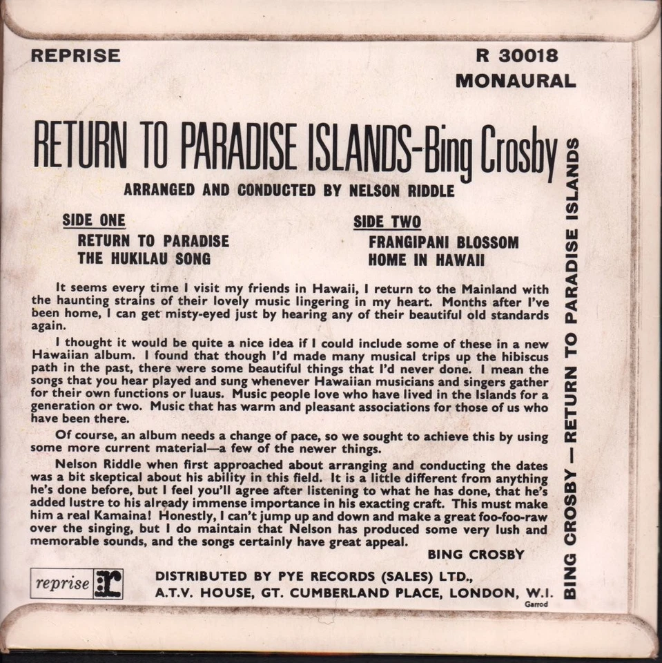 Bing Crosby Return To Paradise Islands 7" vinyl UK Reprise 1964 mono ep with pic - Image 2 of 3