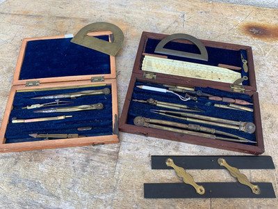 Two Antique Drafting Set Compass Geometry Set C1900 Brass in original Oak Case