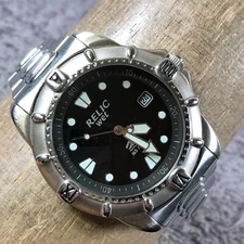 Relic Wet Men ZR-11183 Diver Date Silver Tone Quartz Analog 39mm Watch 7 3/4"