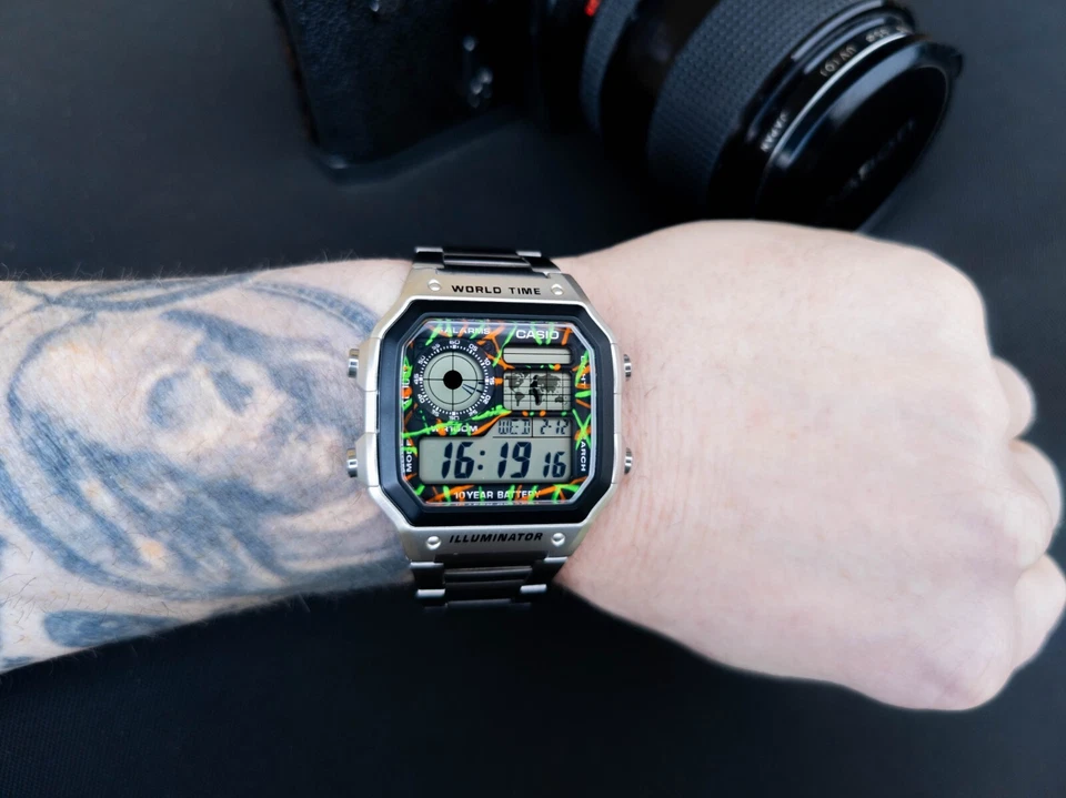 Hand-Painted Casio AE-1200 Mod Neon Green & Orange - Casio Royale - AE-1200WHD - Bild 3 von 4