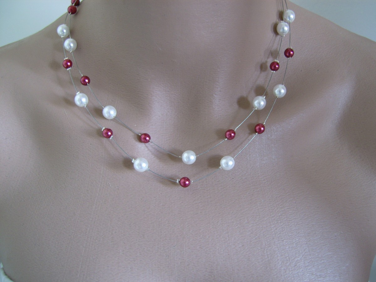 Collier Fantaisie Perles Ivoire Et Bordeaux - Pour Mariage, Soirée, Robe - Neuf Avec étiquettes
