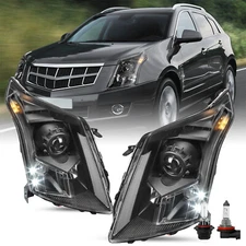 For 2010-2016 Cadillac SRX 4 Dr Black Halogen Headlights Pair Headlamps w/Bulbs