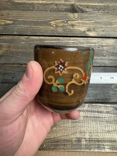 Vintage Stoneware Saki Cups Handleless Mugs Brown Floral Design Set of 6