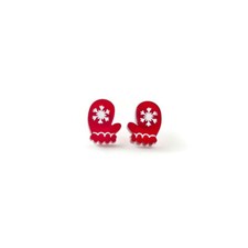 Retro Red Mitten Stud Earrings, Cute Red White Winter Holiday Earrings
