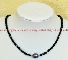 Faceted 3mm Bright Black Spinel  9-10mm Black Pearl Necklace 20"