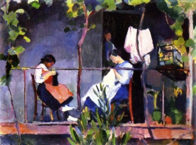 Henry Ottmann 1917 Dressmakers on a Balcony French Impressionism Domestic Scene
