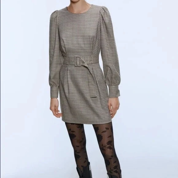 Zara Voluminous Brown Checkered Dress Size XS EUC eBay