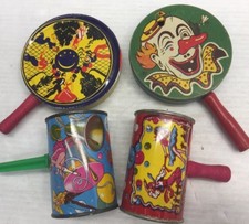 4-Vintage Tin New Years Noise Maker Clown U.S. Metal Toys