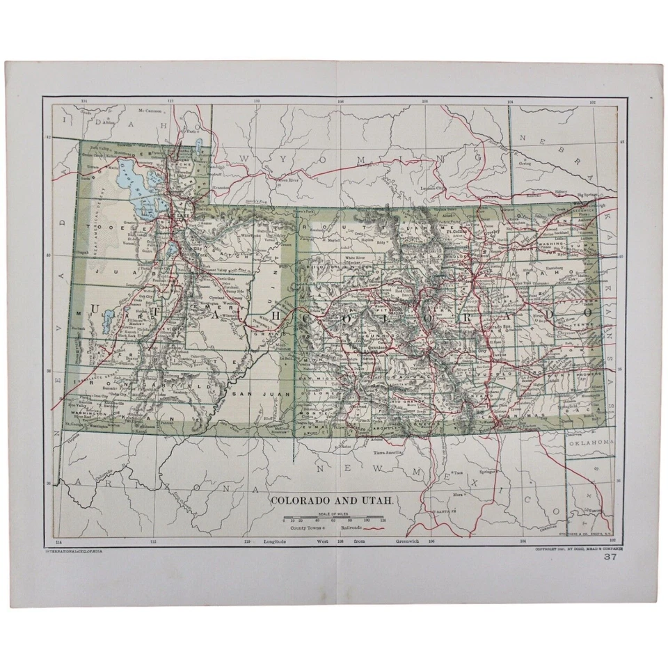 1891 COLORADO MAP UTAH ANTIQUE FULL COLOR RAILROADS MOUNTAINS GREAT SALT LAKE RV - Image 2 of 3