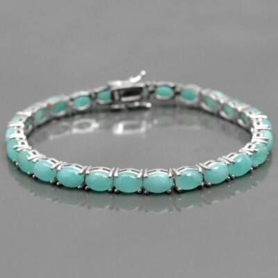 Natural Amazonite Oval Gemstone 925 Sterling Silver Tennis Bracelet Gift For Her