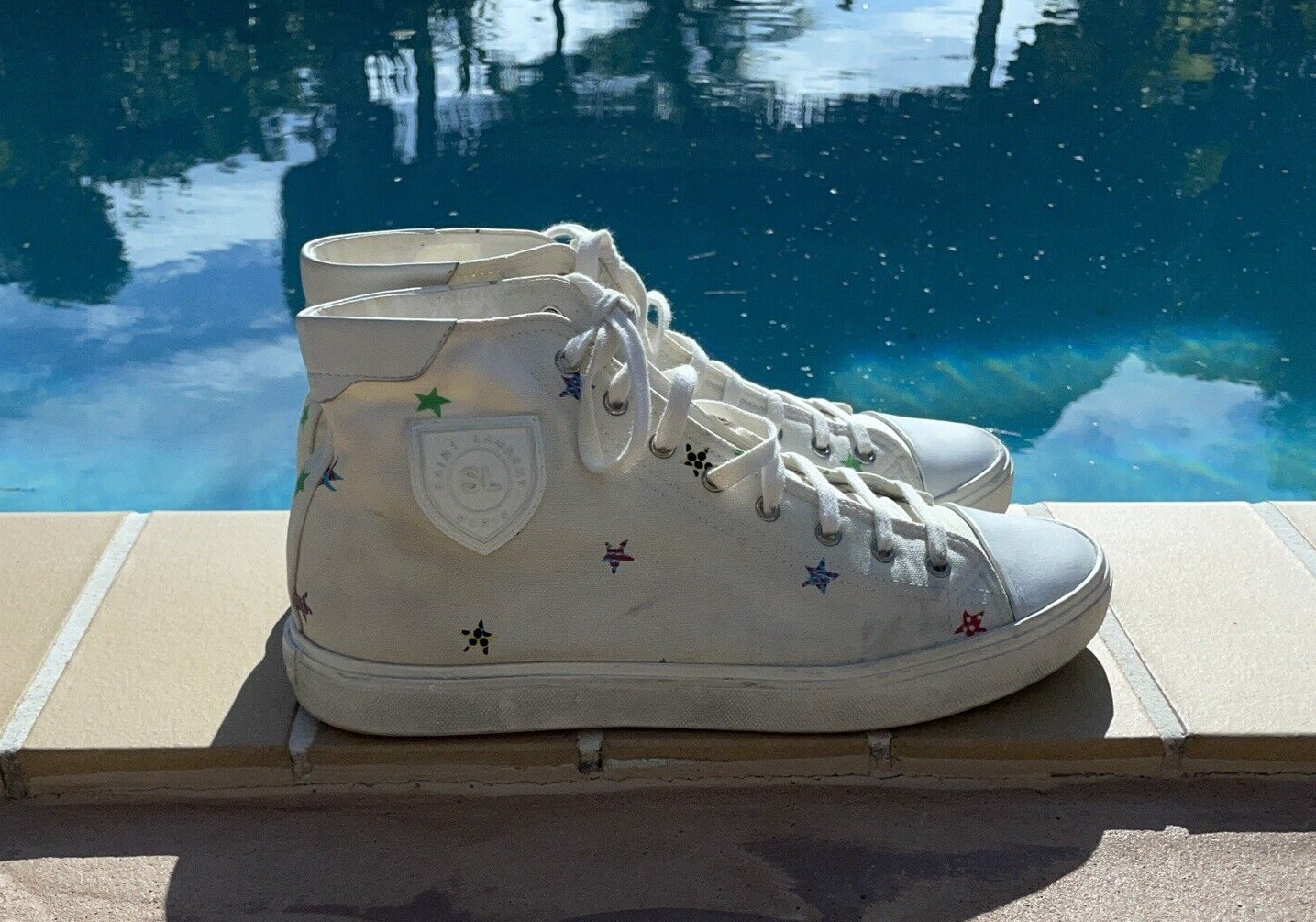 SNEAKER ALTE CASUAL SAINT LAURENT YSL BIANCHE TELA STAMPA STELLE STRINGATE taglia 44