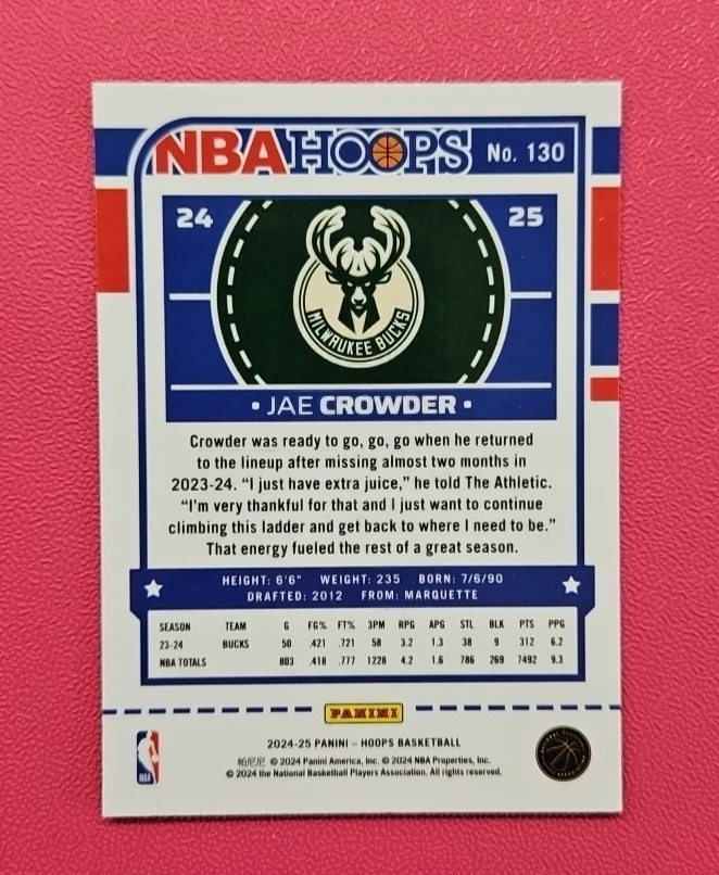 Jae Crowder - Milwaukee Bucks - 2024-25 NBA Hoops - Premium Parallel - #130 - Image 2 of 2