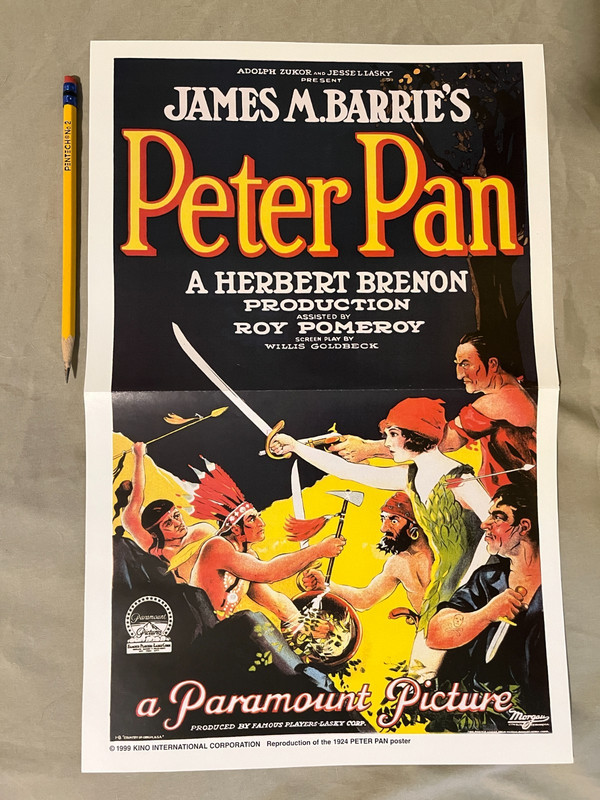 PETER PAN 1924 silent movie poster 17" X 11", colorful, J M Barrie fantasy ++