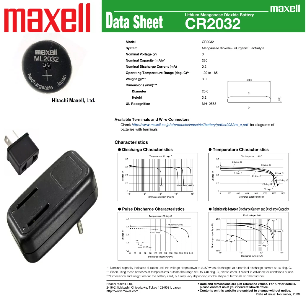 Maxell ML2032 Rechargeable Button Battery 3v 65mAh Lithium Batteries / Charger