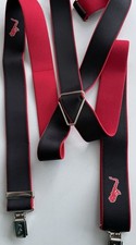 Trouser Braces, Black Red Clip Saxophone Design On Clips / Braces 1.5 Ins Wide