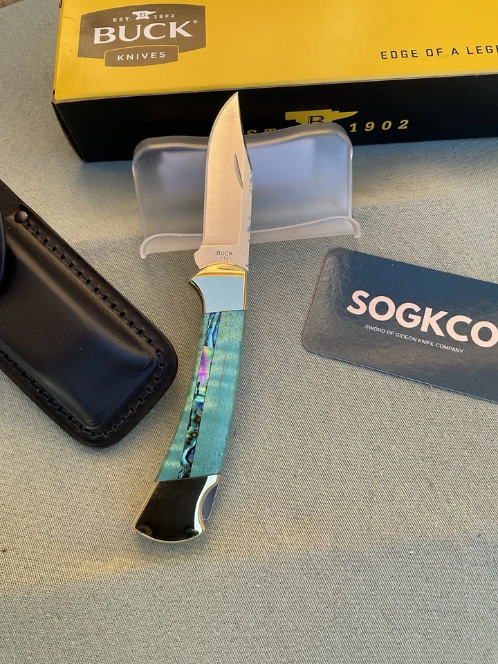 Buck Custom 112 Knife File Work, Turquoise Curly Maple Inlaid W/ Abalone MIB - Image 3 of 4