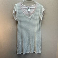 Earth Angels Nightgown Sz M Striped Short Sleeve Lace Up Cottagecore Sleep Shirt