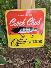 LARGE VINTAGE WORLD RECORD CREEK CHUB BAIT CASTER PORCELAIN SIGN 20 X 20