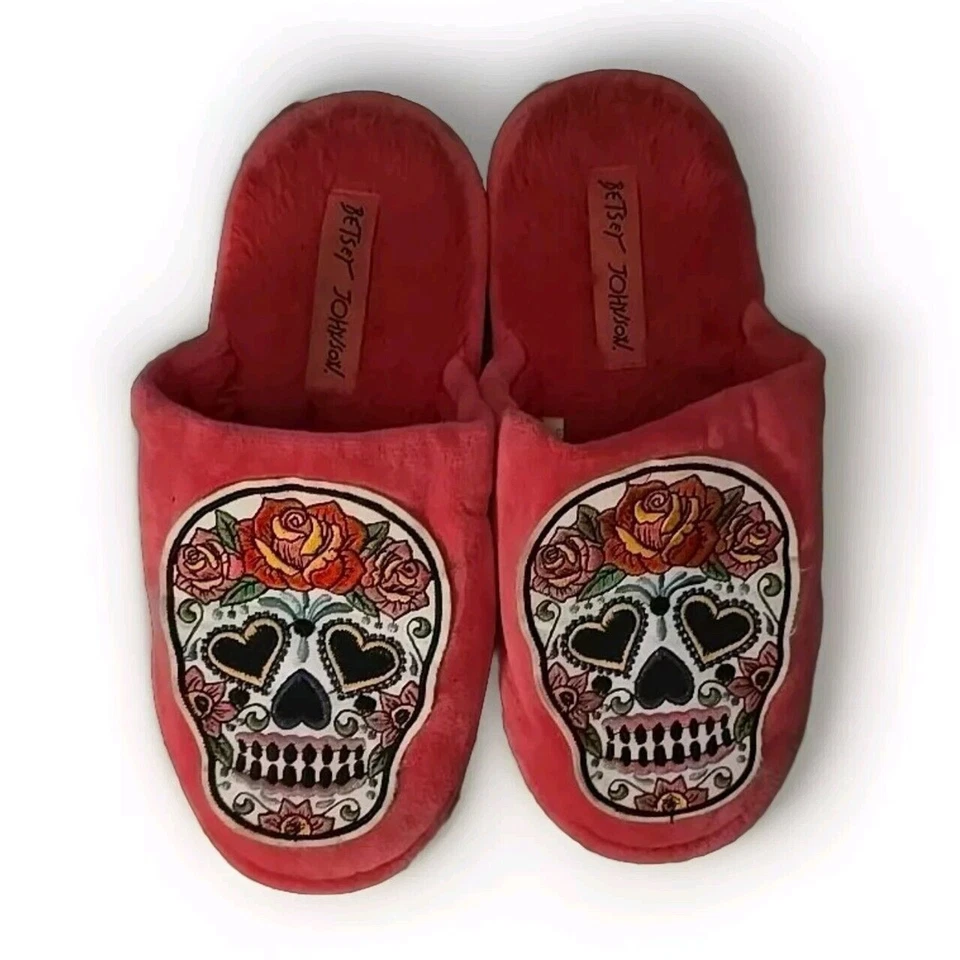 Zapatillas Betsey Johnson Azúcar Calavera Rosas Rosa Acolchado Terciopelo Talla 5-6 Ex Pequeñas Foto 3 de 4