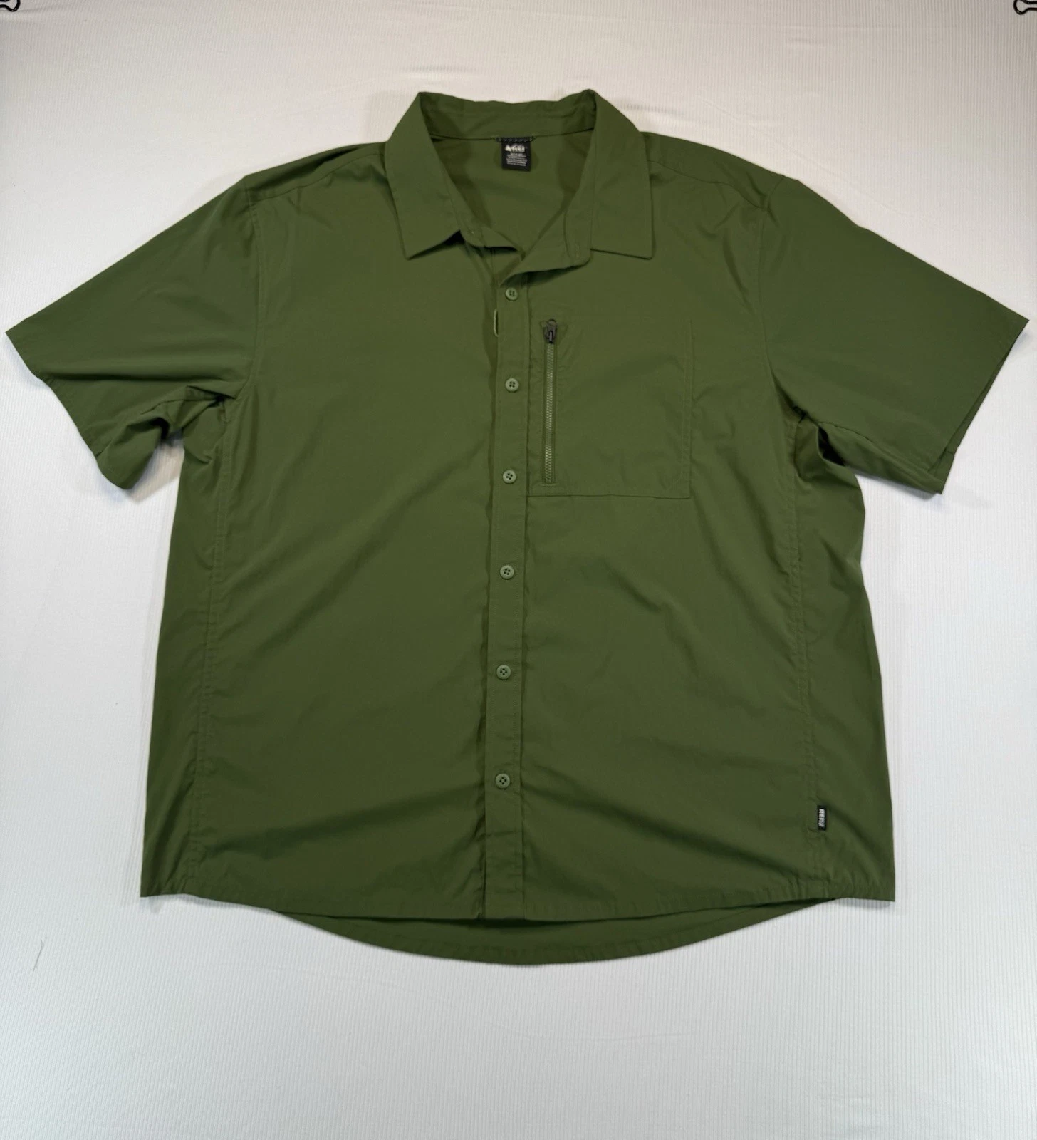 REI Co-op Nylon Stretch Hiking Shirt XL Olive Short Sleeve Zip Pocket