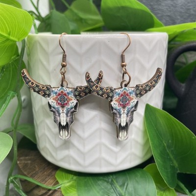 2.25  Bronze-tone Western Bull Wood Drop Dangle Earring Set New Free Ship B8002