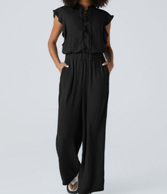 Halara Black Woven Ruffled Cap Sleeve Front Lace Up Jumpsuit With Pockets Sz XL