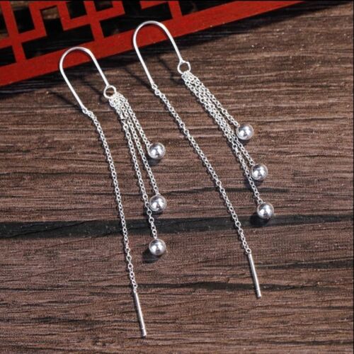 Women 925 Silver Dangle Gift Lucky Beads Chain Tassel Earrings - Picture 1 of 5