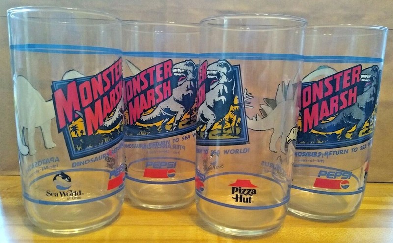 4 Vintage Pepsi Pizza Hut SeaWorld Monster Marsh Glass Set Dinosaurs Jurassic
