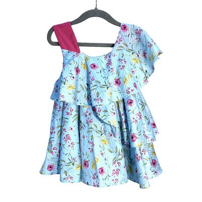 Tutto Piccolo Girls Blue Striped Floral Ruffle Sleeveless Top Size 10