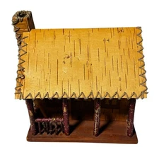 Vintage Folk Art Birch Bark & Twig Rustic Cabin with Porch Chimney