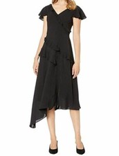  159 Adrianna Papell Women's Black V-neck Ruffled Crepe Fit  Flare Dress Sz 10