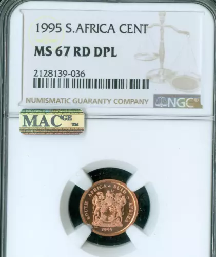 1995 SOUTH AFRICA CENT NGC MS67 RD DPL  MAC SPOTLESS RARE .