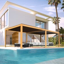 Domi 10x20FT Louvered Pergola Wood Grain Aluminum Pergola W/Adjustable Roof