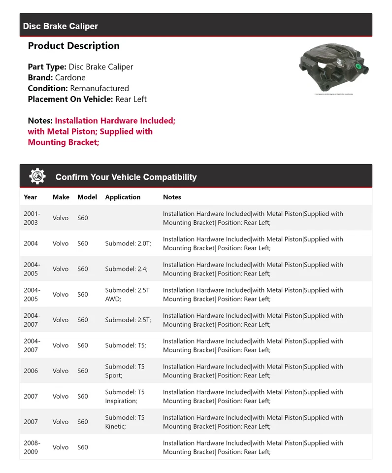 Pinza de freno de disco trasera izquierda cardone 2002 2003 2004 2005 para Volvo S60 2001-2009 Foto 2 de 4